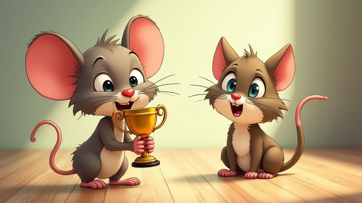 Eine Szene im cartoonhaften Stil, in der eine Maus einen Pokal hält, während eine frustrierte Katze im Hintergrund zusieht.